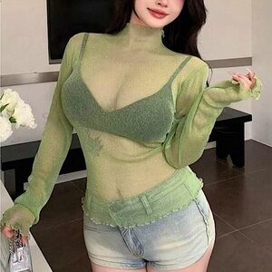 Green Lurex Lettuce Trim Mesh Mock Turtle Neck Long Sleeve Top Mult. Sz New